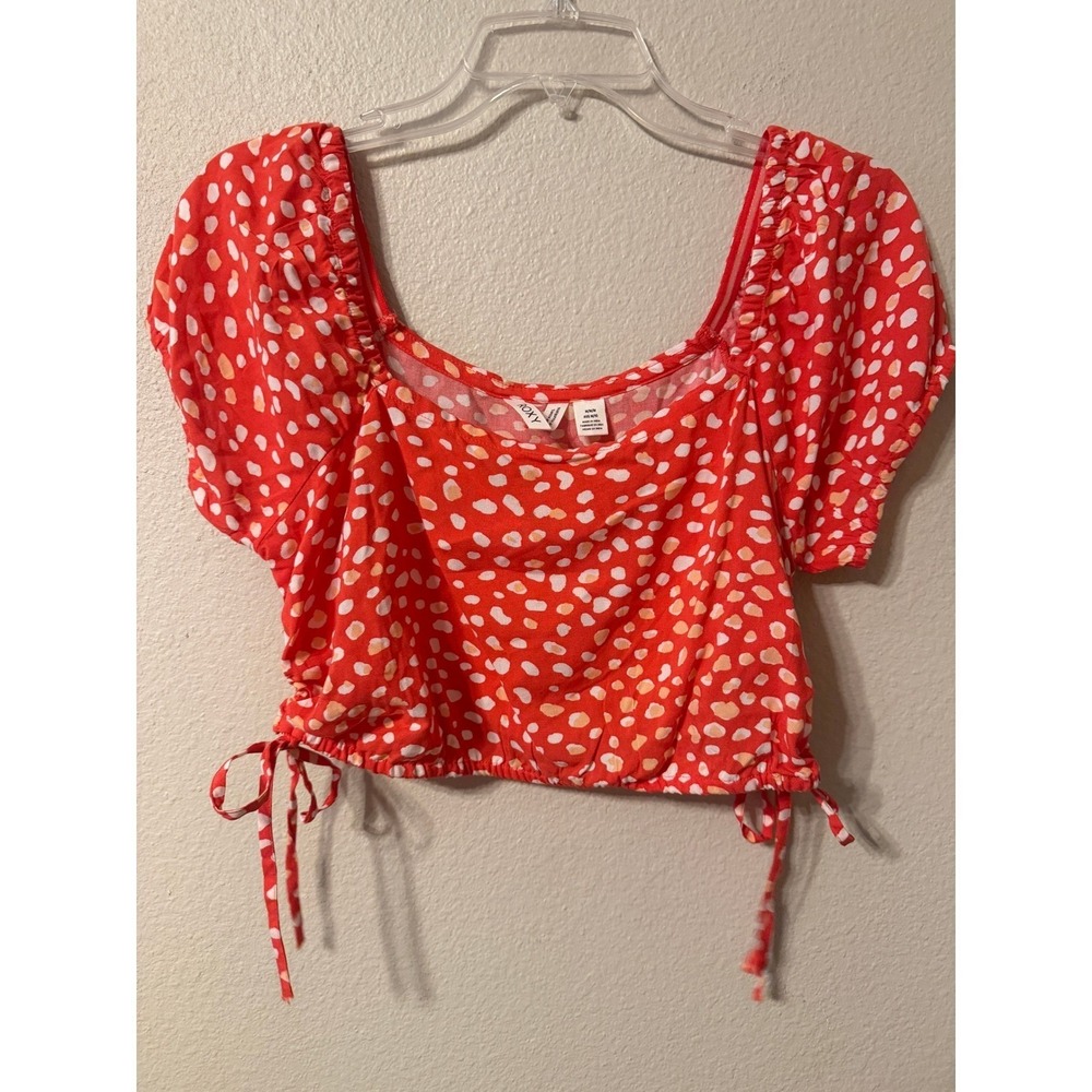 ROXY Red White Yellow Polka Dot Puff Sleeve Drawstring Crop Top Women's‎ M